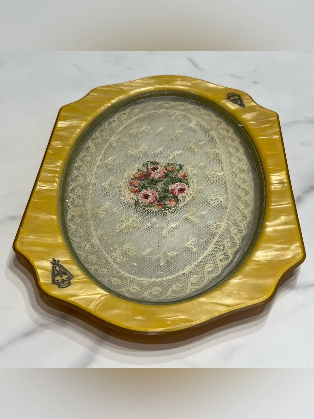 Vintage 1920s Art Deco Celluloid Vanity Dresser Tray Petit-Point Floral Motif